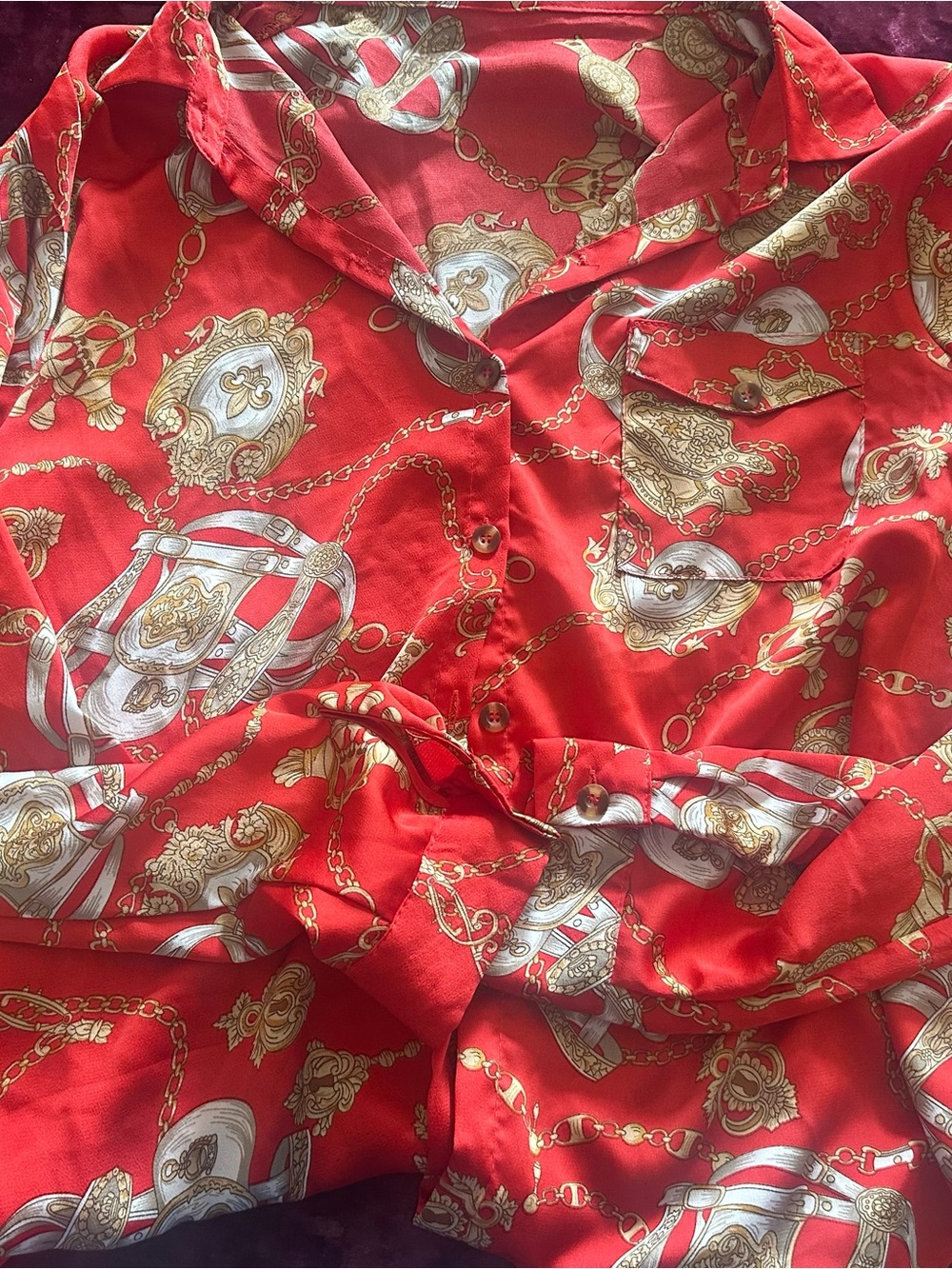 Michele Red Button-Up Blouse with Gold and White Chain Motif - Picture 5 of 7